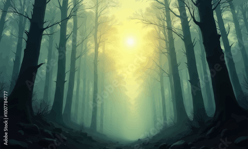 Forest Path in Fog with Sunlight 
