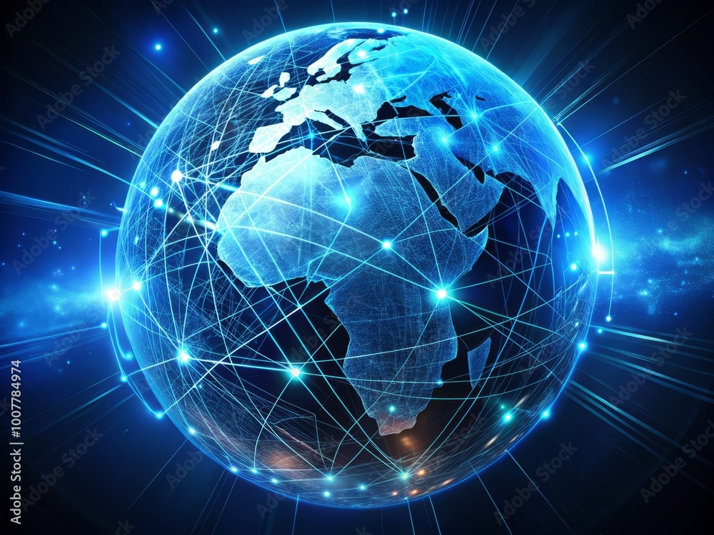 Global connections illuminated on a futuristic blue globe, with glowing fibers and circuits, symbolizing the Global connections illuminated on a futuristic blue globe, with glowing fibers and circuits, symbolizing the