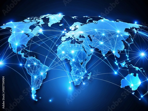 Global network of glowing blue lines and nodes illuminates a darkened world map, symbolizing international