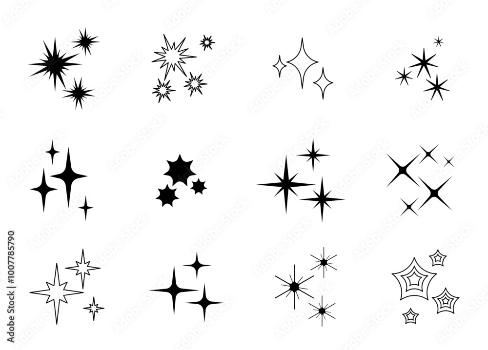 Sparkling stars collection. Silhouette of glitter objects. Abstract shapes, minimalist creativity and art. Hand drawn sketch. Glitter and sparkle. Linear vector set Sparkling stars collection. Silhouette of glitter objects. Abstract shapes, minimalist creativity and art. Hand drawn sketch. Glitter and sparkle. Linear vector set