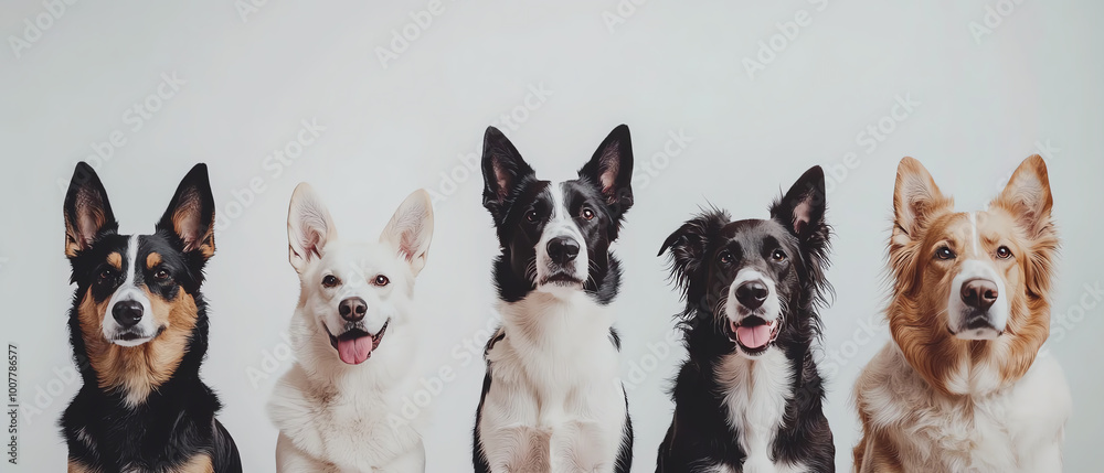 Fototapeta premium Five different dogs standing together, happy expression, white isolate background.