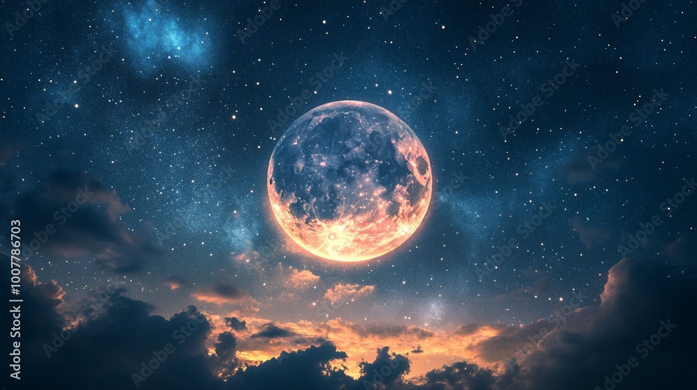 A large, full moon hangs in a starry night sky, illuminated by the glow of the Milky Way, with dark clouds below. A large, full moon hangs in a starry night sky, illuminated by the glow of the Milky Way, with dark clouds below.