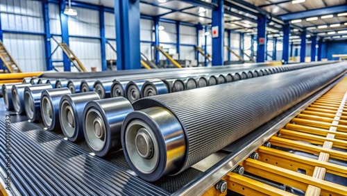 Heavy-duty industrial rubber conveyor belt wraps around steel rollers, showcasing textured surfaces and metallic