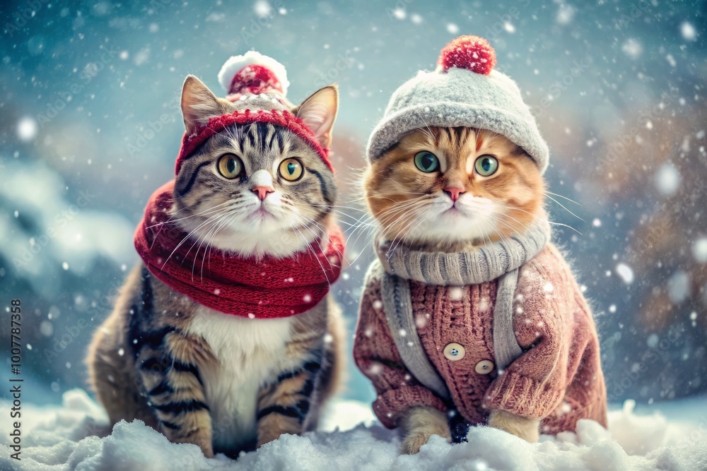 A pair of delightful cats, dressed in cozy winter gear, frolic joyfully in the snow, relishing the enchanting A pair of delightful cats, dressed in cozy winter gear, frolic joyfully in the snow, relishing the enchanting