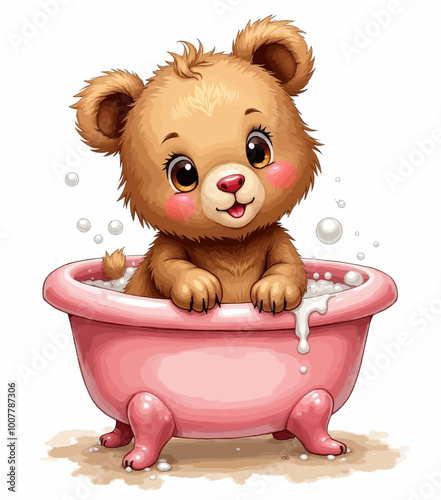 Cute Bear Taking Bath in Pink Tub