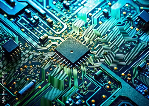 Highly detailed macro shot of a modern electronic circuit card, showcasing intricate pathways, microchips, and photo