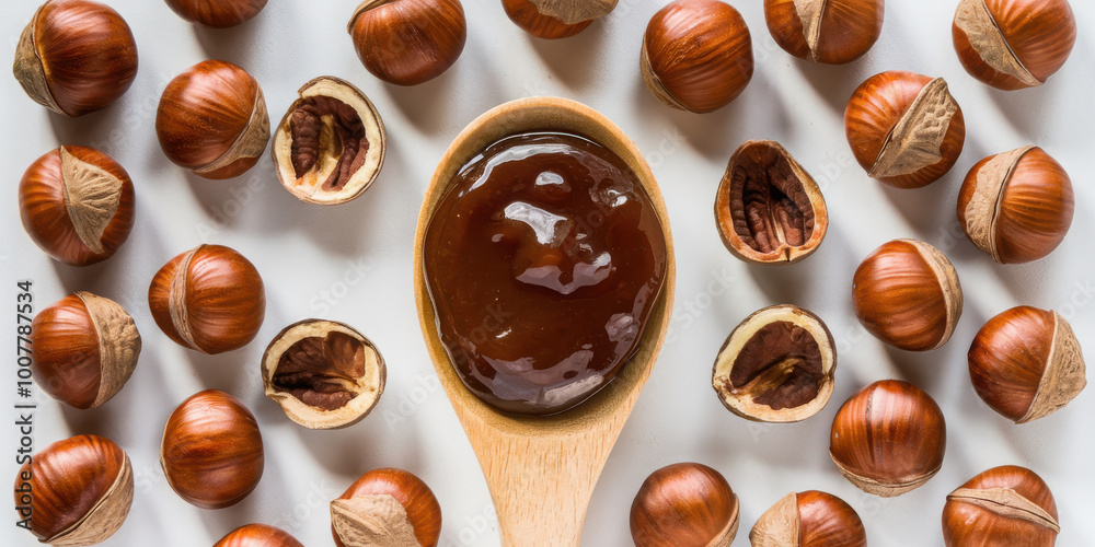 Wooden spoon filled with smooth hazelnut spread surrounded by whole and cracked hazelnuts on a white background. Wooden spoon filled with smooth hazelnut spread surrounded by whole and cracked hazelnuts on a white background.
