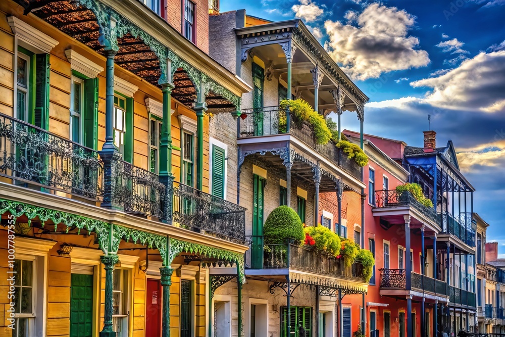 Fototapeta premium Historic 19th-century ornate facades with balconies, shutters, and ironwork adorn colorful buildings lining a charming
