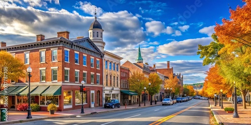 Historic downtown Dover, New Hampshire, with brick buildings, charming streets, and leafy trees, exudes small-town photo