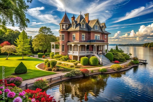 Historic mansion with ornate Victorian-era architecture, sprawling gardens, and scenic lake views, evoking elegance and photo