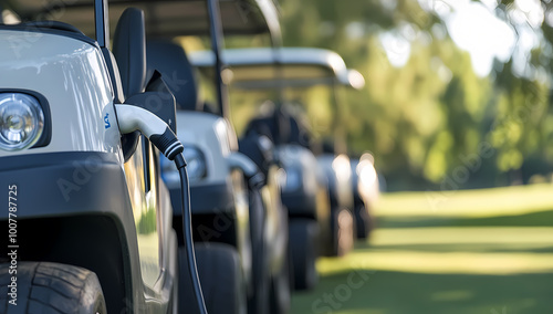 Electric golf cart charging at eco-friendly golf course setting.