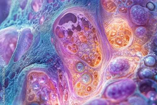 Detailed microscopy of biological tissue under high magnification, photorealistic, scifi tone, Analogous Color Scheme, top view, revealing intricate tissue composition