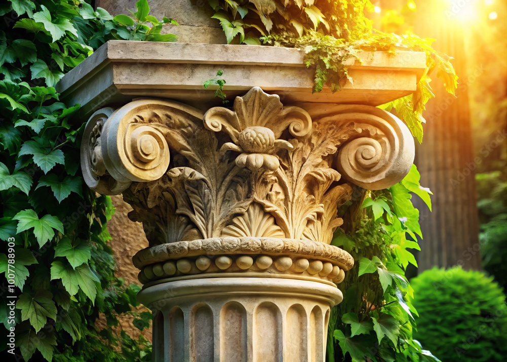 Naklejka premium Intricately carved ornate acanthus leaves adorn a classic stone column, surrounded by lush greenery and sunlight,