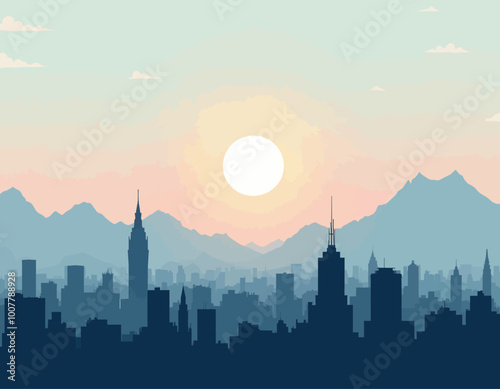 City Skyline at Sunrise with Mountains 
