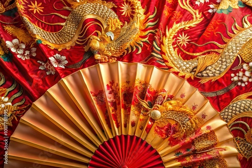 Intricately designed traditional Chinese ceremonial fan features vibrant red and gold dragons, phoenixes, and floral photo