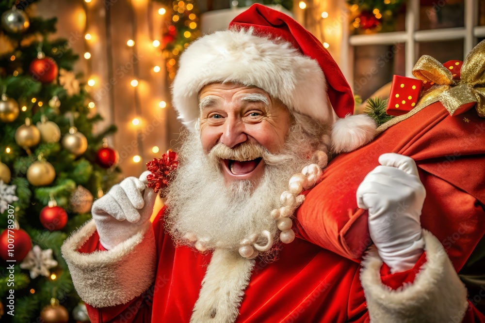 Jolly old man in red suit with white fur trim and hat, laughing and holding a large sack Jolly old man in red suit with white fur trim and hat, laughing and holding a large sack