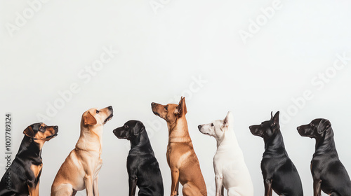 Seven dogs of various colors sitting in a row, side profile against a white background. photo