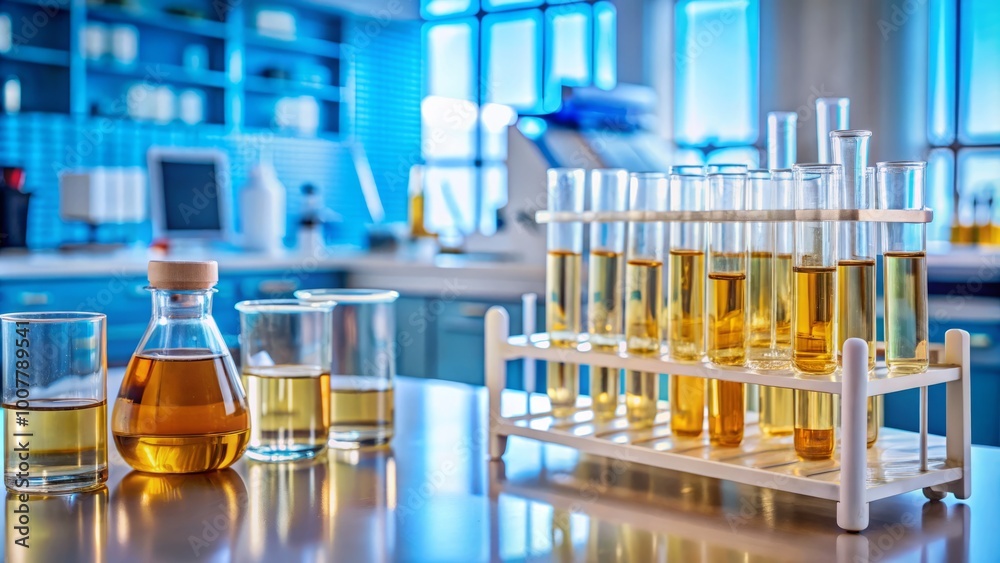 Laboratory equipment and test tubes with urine samples on a counter, awaiting analysis for drug detection and Laboratory equipment and test tubes with urine samples on a counter, awaiting analysis for drug detection and