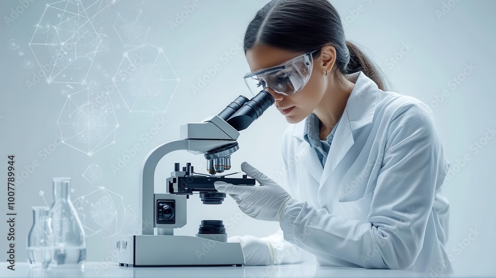 Detailed photorealistic view of a scientist using a microscope for biology research Detailed photorealistic view of a scientist using a microscope for biology research