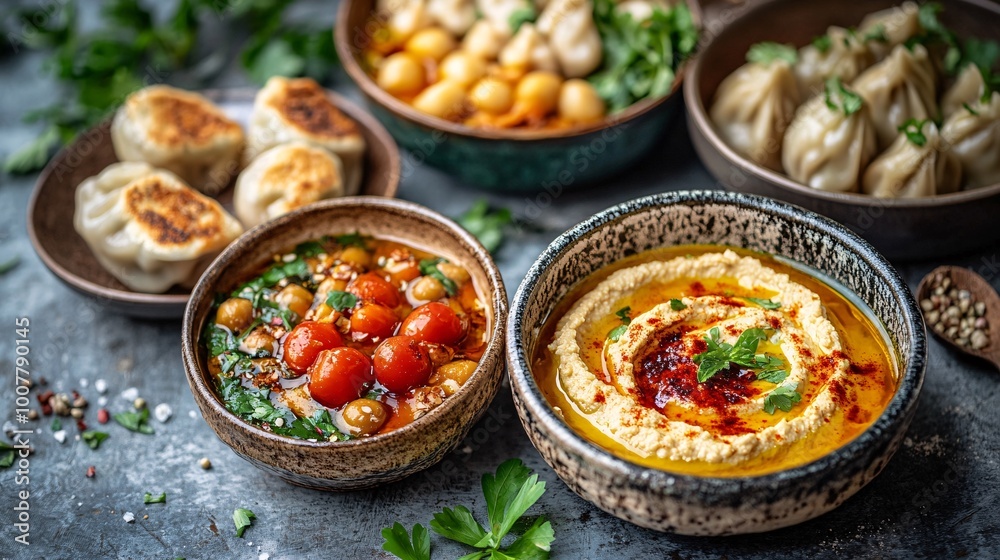 Culinary Fusion Delights - Artistic Appetizer Arrangement with Copy Space