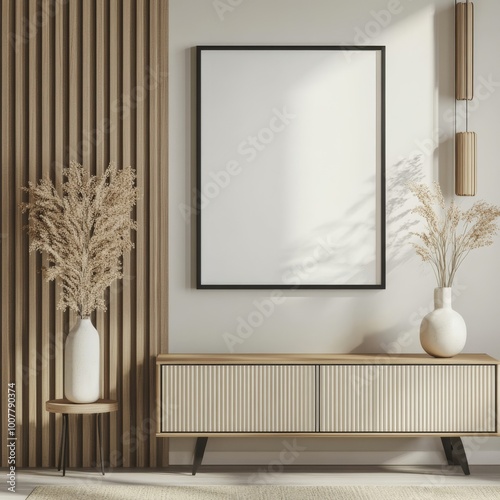 A modern, minimalist interior with a light wood sideboard and a white wall.