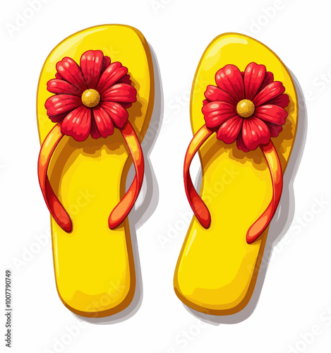 Bright Yellow Flip Flops with Red Flowers