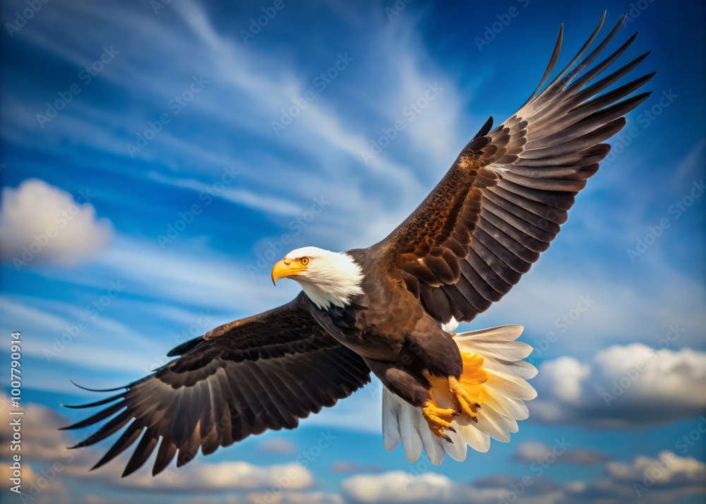 Obraz premium Majestic bald eagle in mid-flight, wings outstretched, soaring against a clear blue sky with wispy clouds, showcasing