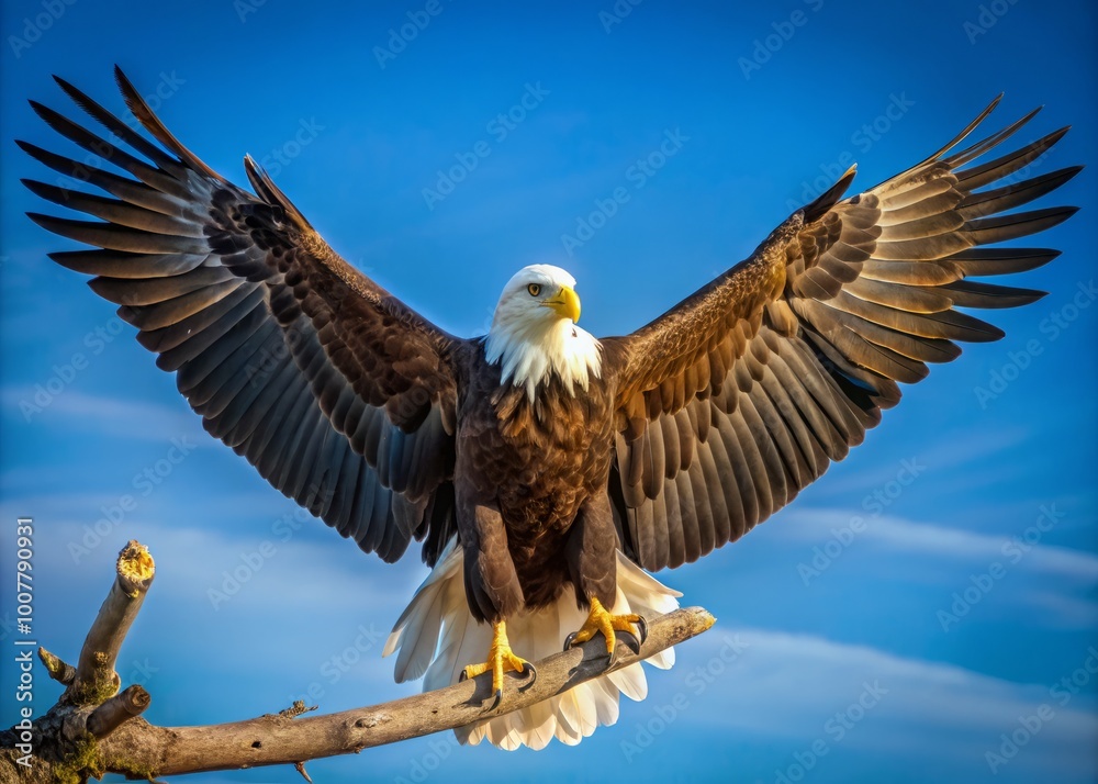 Majestic bald eagle perched on a tree branch, wings outstretched, with a proud expression, symbolizing freedom and Majestic bald eagle perched on a tree branch, wings outstretched, with a proud expression, symbolizing freedom and