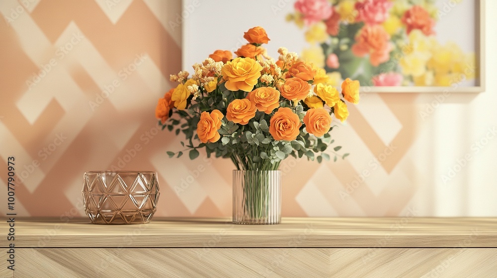 Cheerful Modern Space: Fresh Blooms in Bright Orange and Yellow on Wooden Sideboard with Geometric Decor and Retro Glass Dish - Mock Up Cheerful Modern Space: Fresh Blooms in Bright Orange and Yellow on Wooden Sideboard with Geometric Decor and Retro Glass Dish - Mock Up