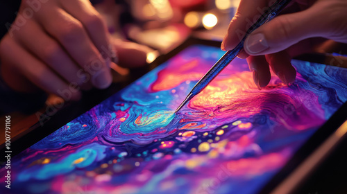 Digital artist creating a vibrant piece on a tablet, using a stylus to blend colors and textures in real-time photo