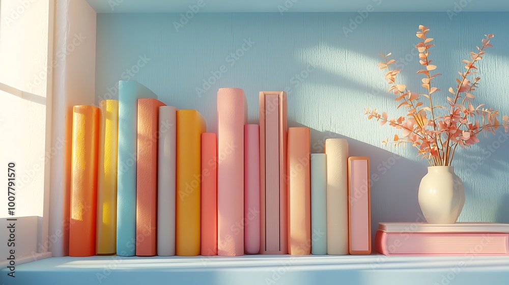 A cheerful bookshelf, bathed in sunlight, decorated with flowers that bring nature indoors. A cheerful bookshelf, bathed in sunlight, decorated with flowers that bring nature indoors.