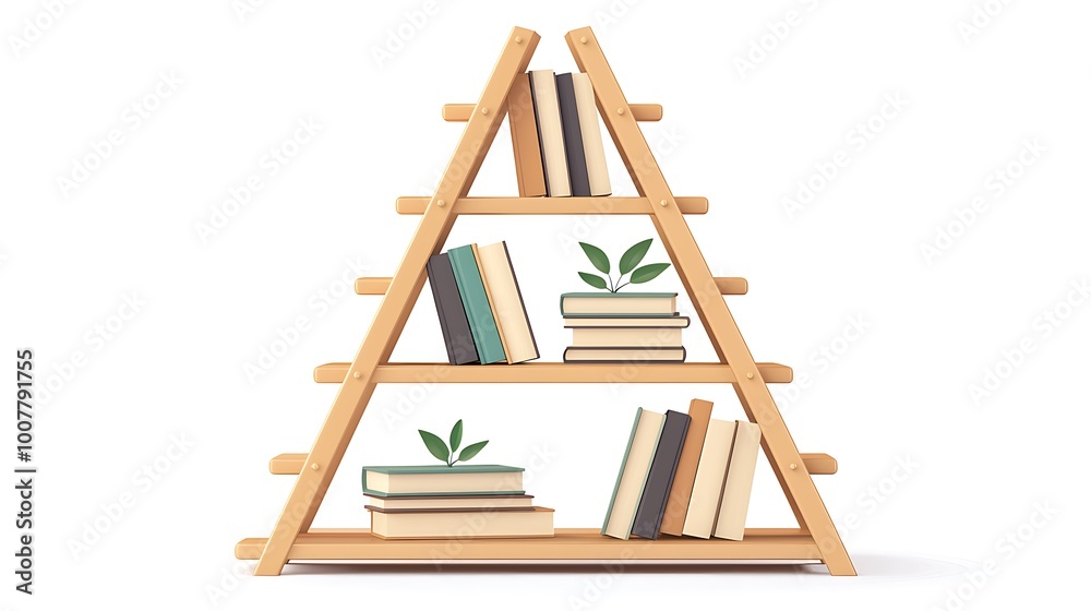 A triangular wooden bookshelf, filled with books and plants, adds a touch of nature to any interior. A triangular wooden bookshelf, filled with books and plants, adds a touch of nature to any interior.