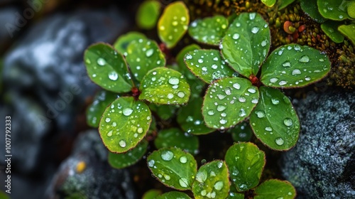 Raindrops on Mountain Leaves, macro view highlighting glistening droplets on vibrant foliage, showcasing nature's intricate beauty in a lush mountainous environment