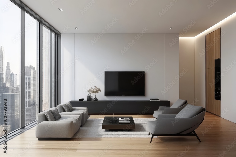 A minimalist modern living room with white walls, wooden floor and ceiling, gray armchairs near the window overlooking skyscrapers. A minimalist modern living room with white walls, wooden floor and ceiling, gray armchairs near the window overlooking skyscrapers.