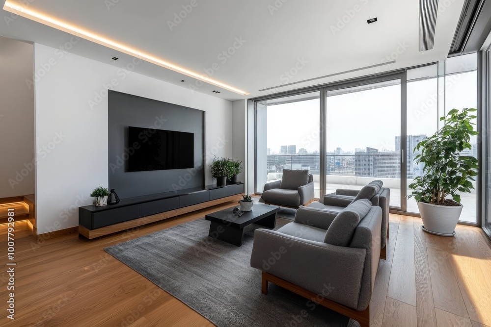 custom made wallpaper toronto digitalA minimalist modern living room with white walls, wooden floor and ceiling, gray armchairs near the window overlooking skyscrapers.