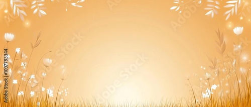 Warm gradient background from pink to orange, wormseye perspective of spring flowers blooming, clear sky for copy photo