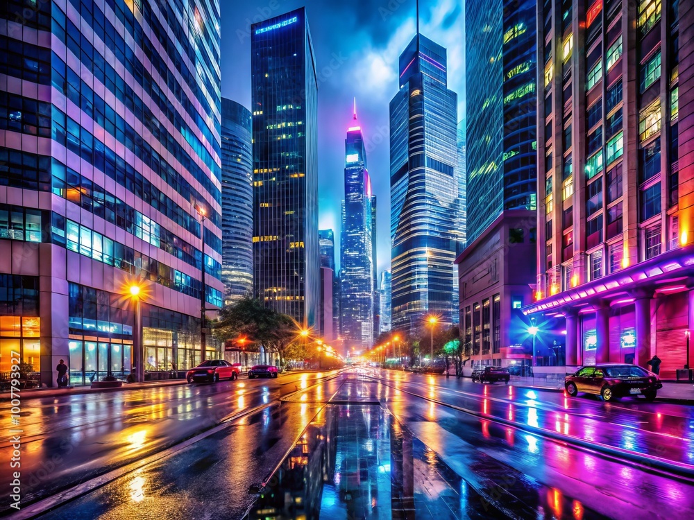 Fototapeta premium Modern cityscape with sleek skyscrapers, bustling streets, and neon lights reflecting off wet pavement, capturing the