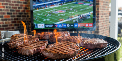 Juicy steaks grilling with a football game playing on a TV in the background.