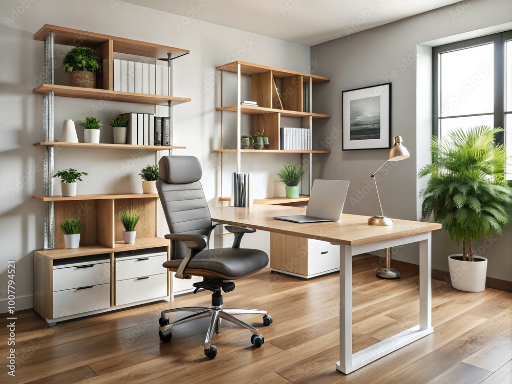 Modern desk with ergonomic chair, sleek laptop stand, and organized storage shelves creates a productive and Modern desk with ergonomic chair, sleek laptop stand, and organized storage shelves creates a productive and