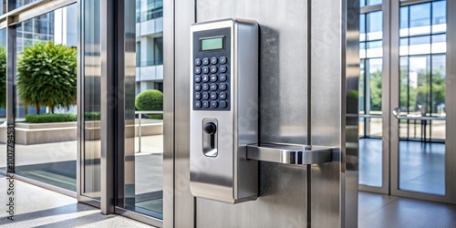 Modern electronic access control system with keycard reader, digital display, and metallic door lock installed on a photo