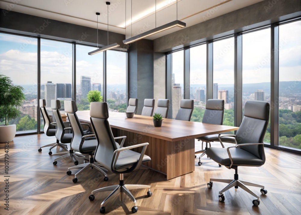 Modern gray and black ergonomic office chairs surround a large wooden conference table in a bright, minimalist Modern gray and black ergonomic office chairs surround a large wooden conference table in a bright, minimalist
