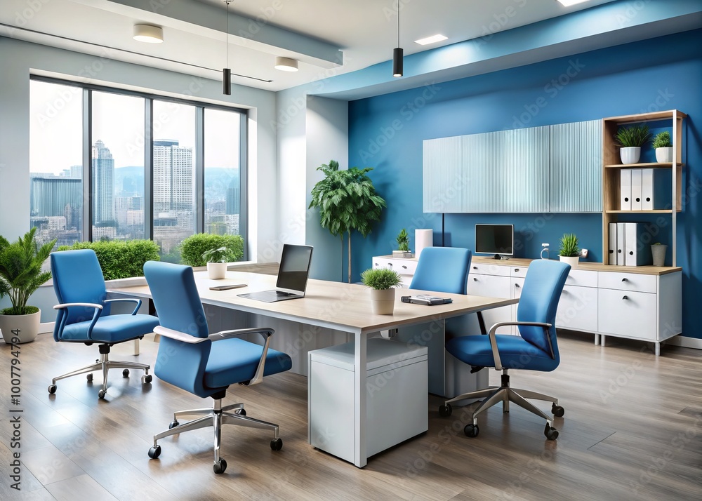 Modern high-end office furniture set in soothing blue accent tones, featuring ergonomic chairs, sleek desks, and Modern high-end office furniture set in soothing blue accent tones, featuring ergonomic chairs, sleek desks, and