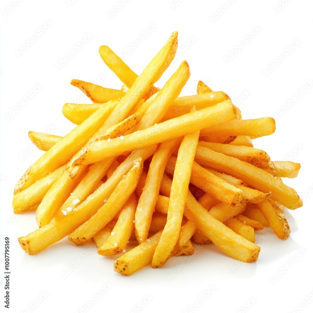 A pile of golden, crispy French fries, isolated on a clean white background, with perfect texture and salt