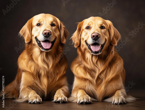 Two happy golden retrievers posing closely with joyful expressions.