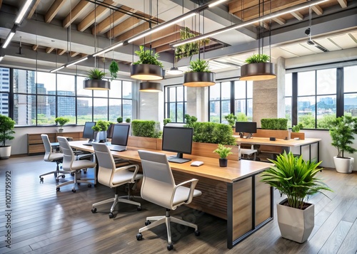 Modern open office space with sleek workstations, collaborative seating areas, and natural light, fostering a