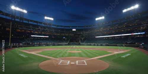An empty baseball stadium under bright lights, showcasing a well-maintained field at dusk.