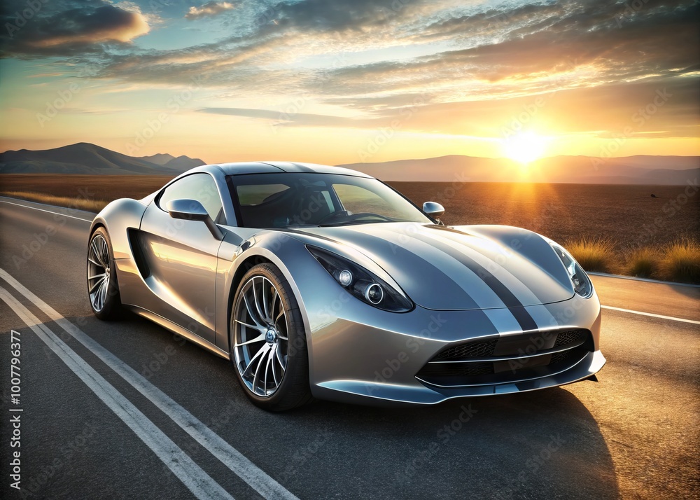 Modern, sleek, silver electric sports car with a distinctive emblem on the hood, racing stripes, and forged alloy Modern, sleek, silver electric sports car with a distinctive emblem on the hood, racing stripes, and forged alloy
