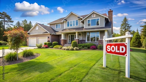 Modern suburban home with sold sign on lawn, surrounded by lush greenery, symbolizing successful real estate investment