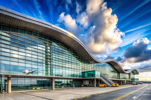 Modern terminal building with large windows and sleek architecture at Dublin Airport, Ireland, with airplanes and