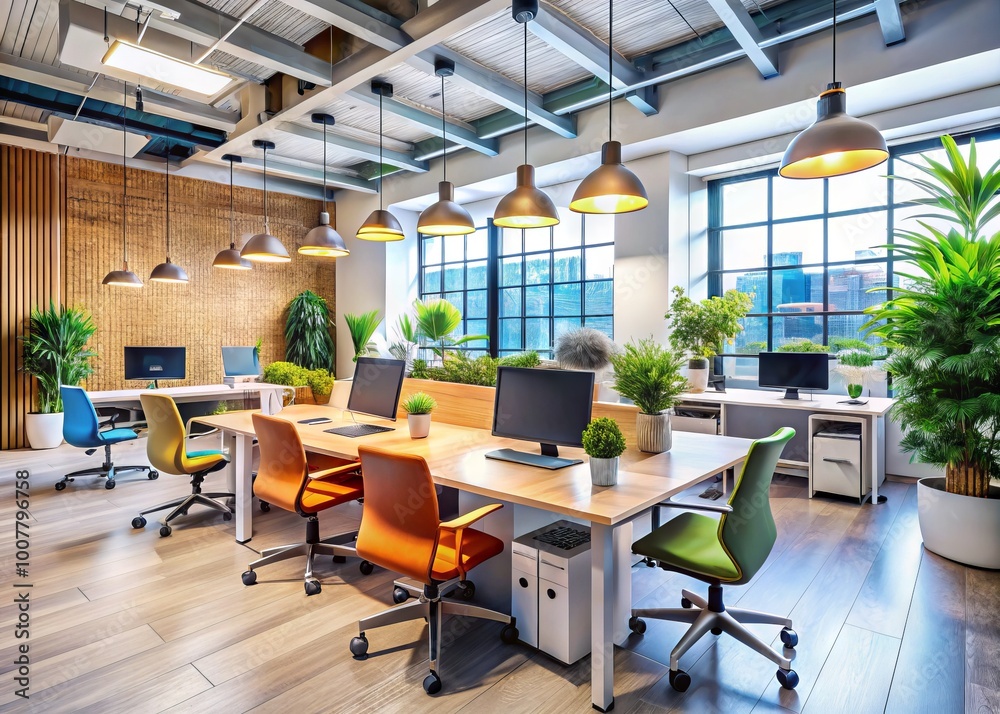 Modern workspace features sleek computer stations amidst vibrant decorative elements, fostering a dynamic environment Modern workspace features sleek computer stations amidst vibrant decorative elements, fostering a dynamic environment